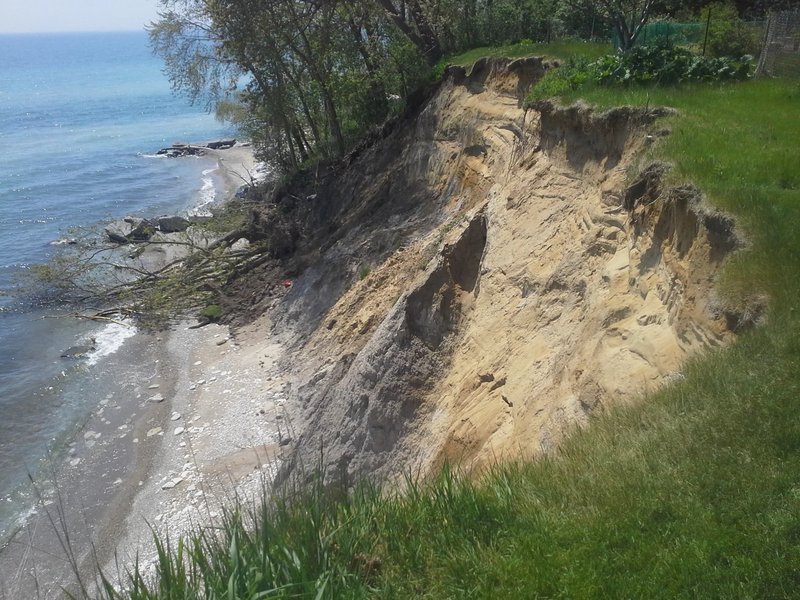 Large exposed soil is sign of extreme bluff stability causing total bluff failure.